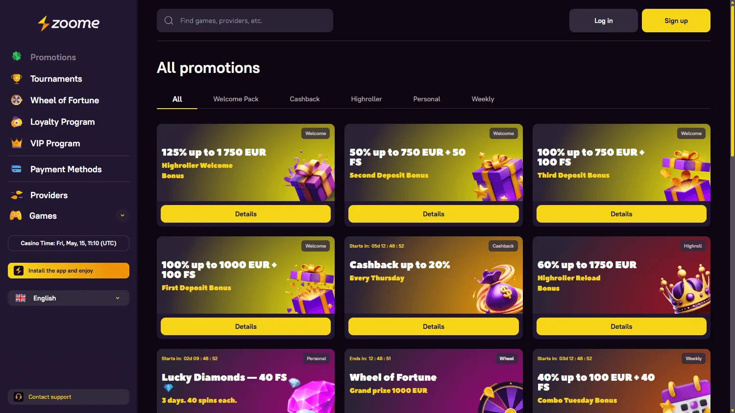 Zoome Casino desktop promotions with deposit offers and free spins