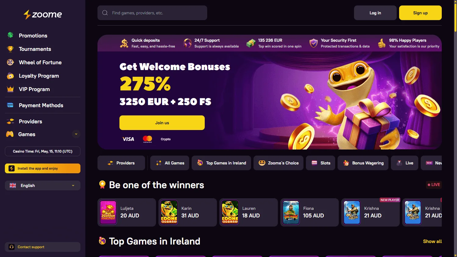 Zoome Casino desktop homepage with the welcome package