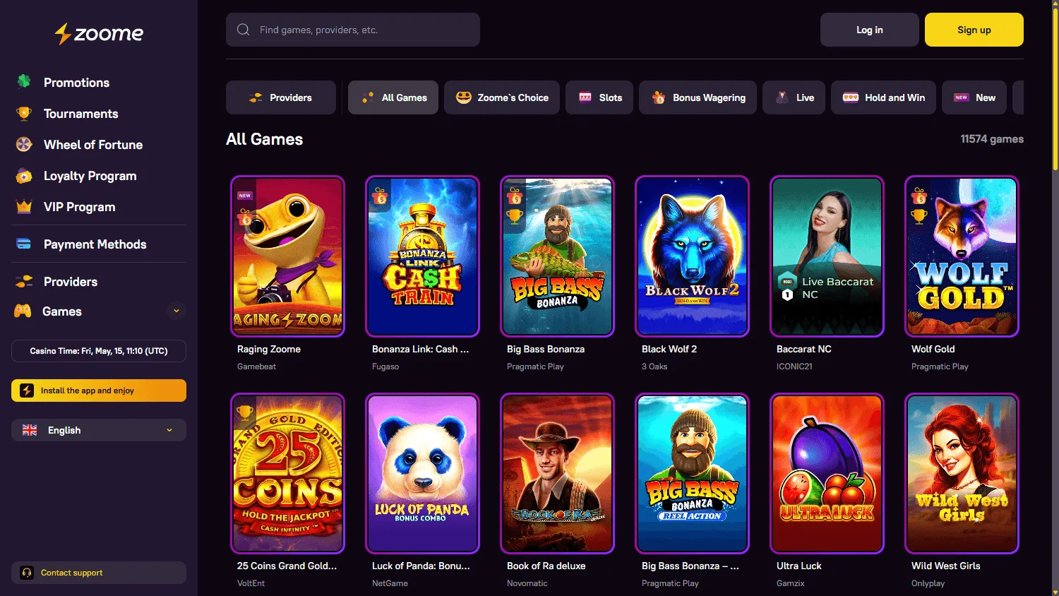 Zoome Casino desktop game library with casino titles